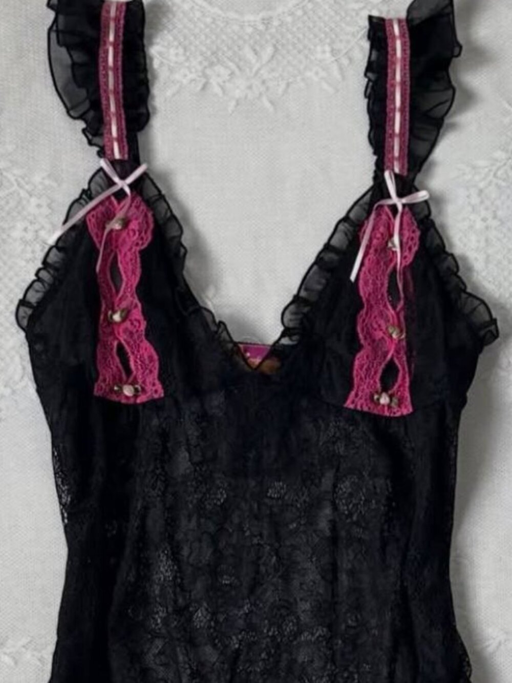 Vintage Black Lace Mini Dress Pink Trim Ruffle Hem Babydoll Cami Night Out - Picture 5 of 5